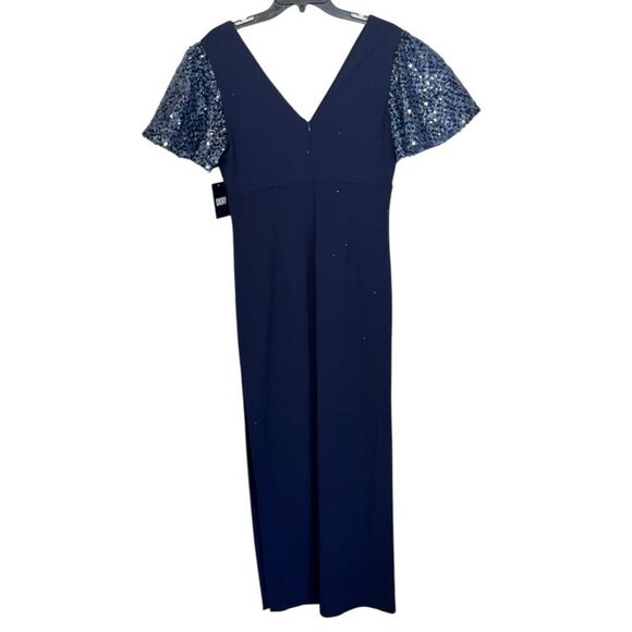 NWT DKNY | Navy Blue VvNeck Sequin Flutter Sleeve Gown 8 - Picture 7 of 13